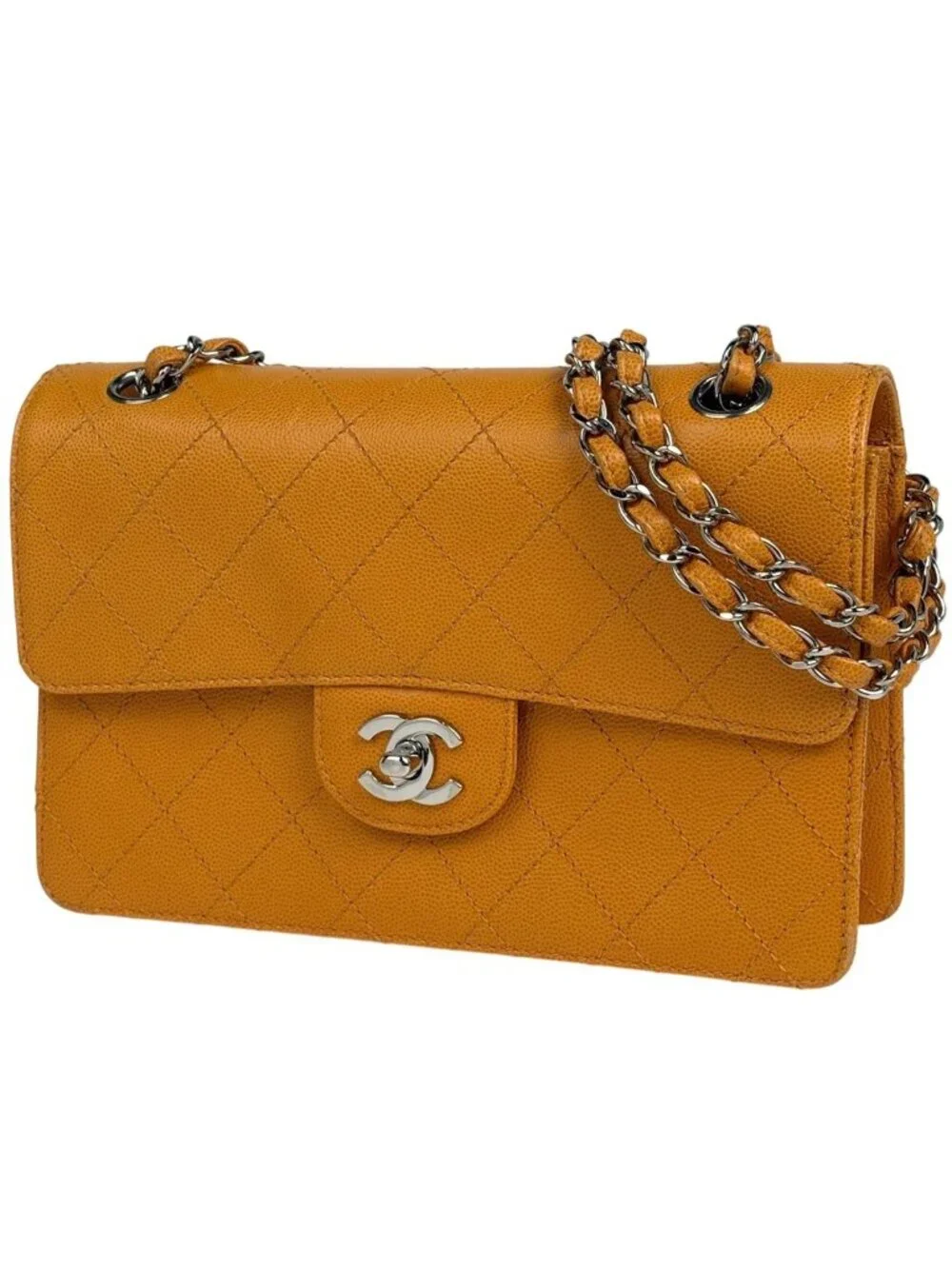 Chanel CC Logo Chain Shoulder Bag Quilted Caviar Leather Orange